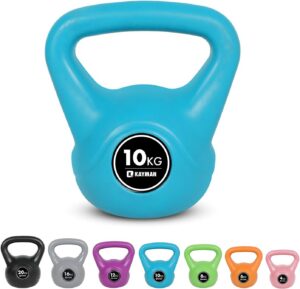 Blue 10kg kettlebell, with other colour and kg option kettlebells shown at bottom of image.