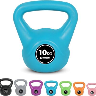 Blue 10kg kettlebell, with other colour and kg option kettlebells shown at bottom of image.