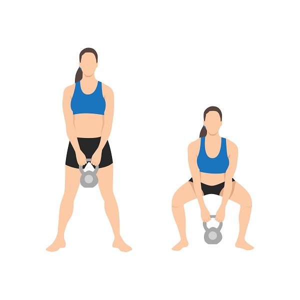 Illustration of a woman doing buttocks' exercises. Engaging in a sumo squat action with a kettlebell.