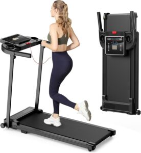 Woman running on a foldable treadmill.