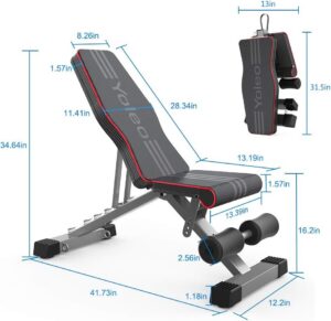Yolec foldable weight bench with dimensions.