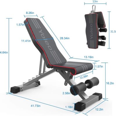 Yolec foldable weight bench with dimensions.
