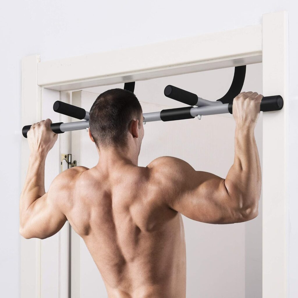 HOMCOM Pull Up Bar for home gym upper body workouts. Doorway pull up bar fits door frames 80-90cm wide. Suitable for chin-ups, push-ups, and sit-ups.