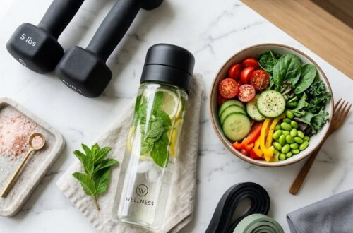 Fitness equipment, food, and water set out on a mat as part of a wellness journey.