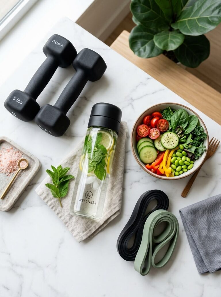 Fitness equipment, food, and water set out on a mat as part of a wellness journey.