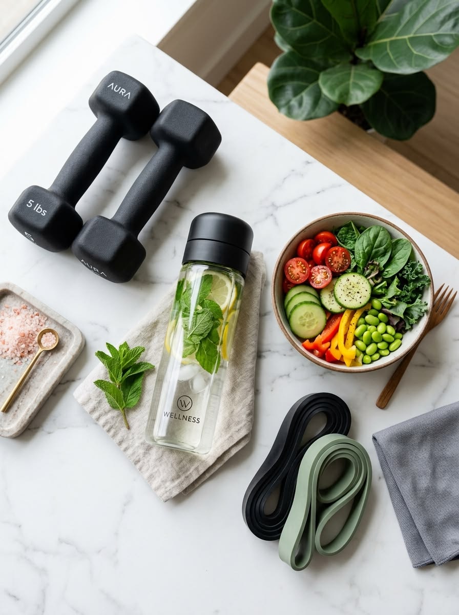 Fitness equipment, food, and water set out on a mat as part of a wellness journey.