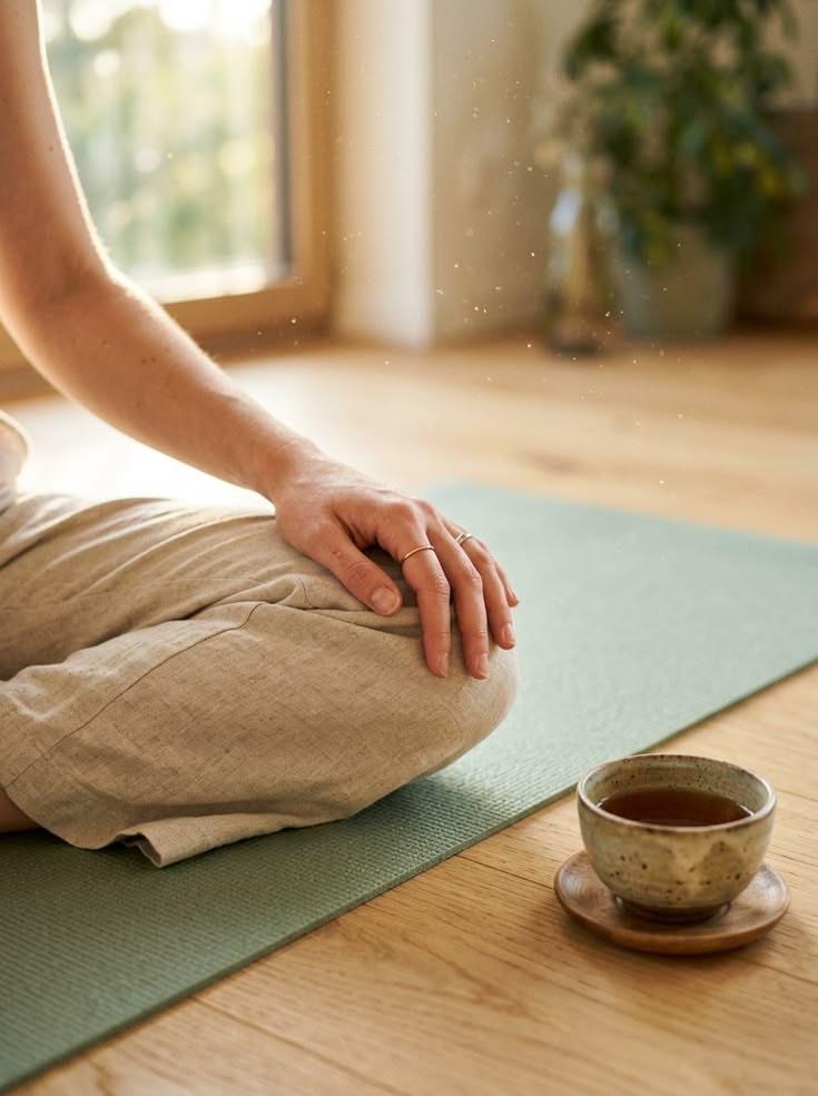 Calm yoga closeup of a women on a mat.