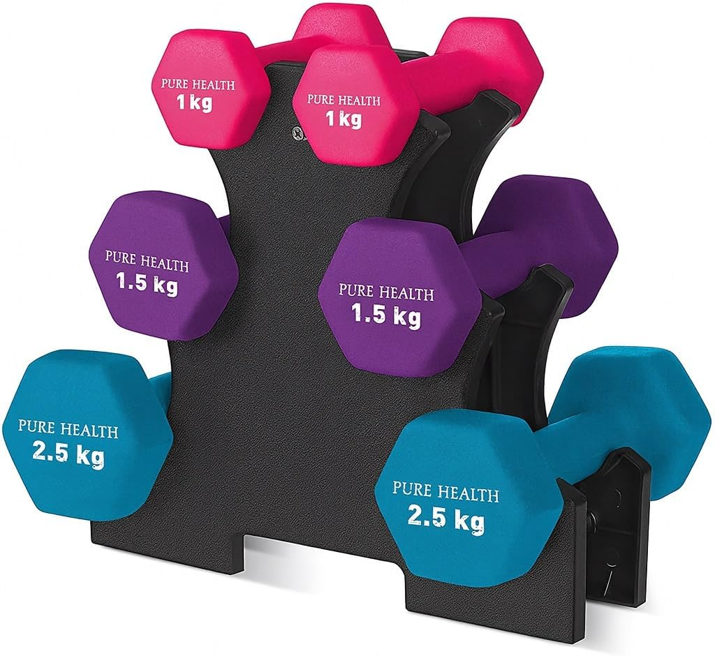 Upper body equipment: tower of dumbbell pairs.