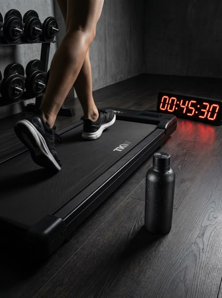 Timer on the ground in front of a treadmill.