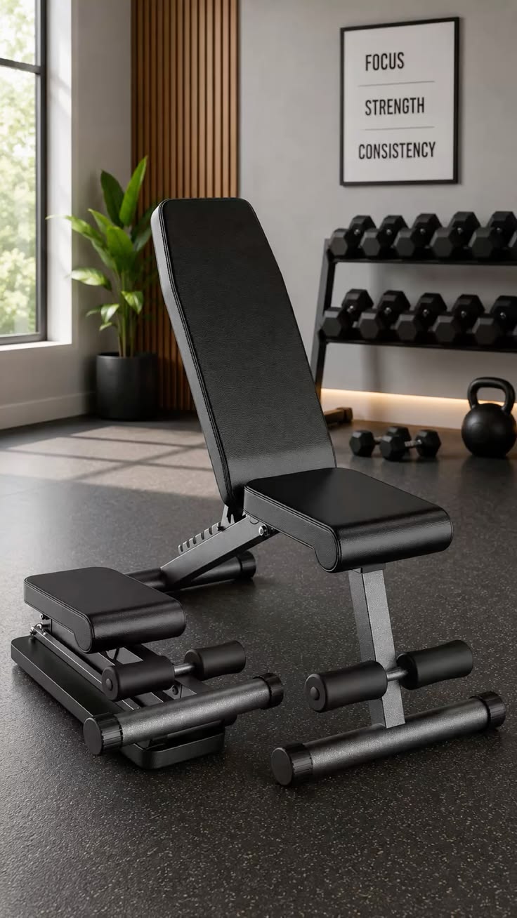 Weight bench in home gym.