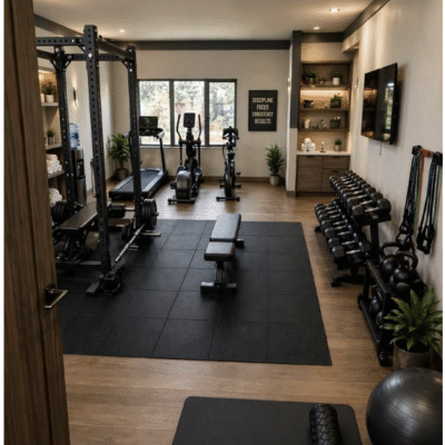 Well lit basement gym interior with workout equipment.