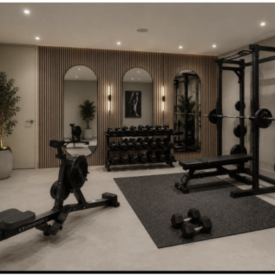 A modern basement home gym interior with some gym equipment.