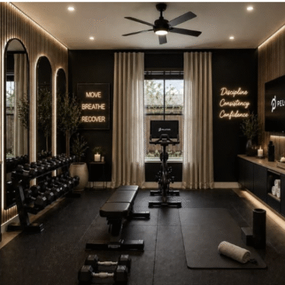 Modern home gym setup with weight benches, motivational message lighting, and soft glows coming form under equipment and mirrors.