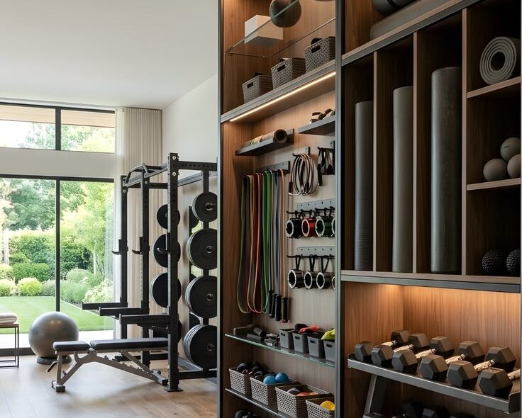 Interior home gym wall showing organised exercise equipment in a shelving unit.