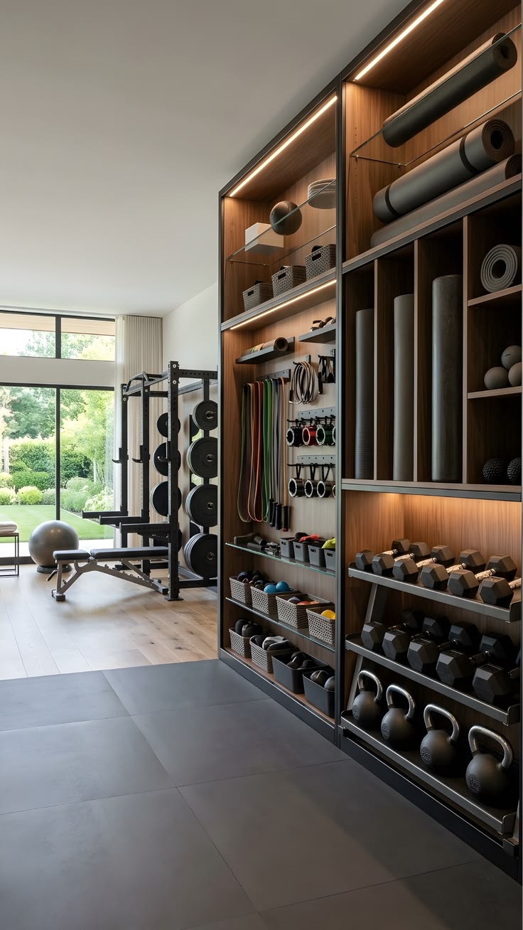 Interior home gym wall showing organised exercise equipment in a shelving unit.