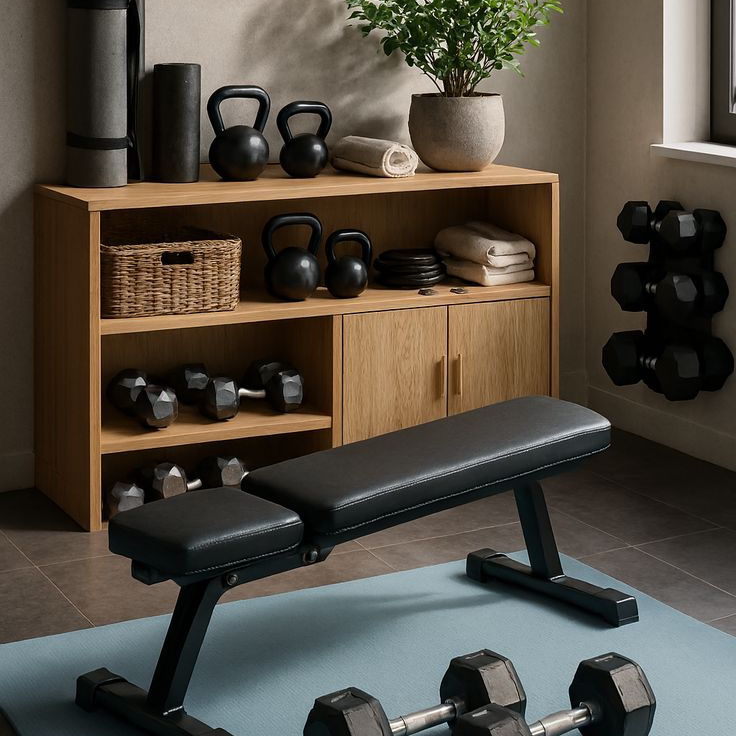 Foldable weight bench in a home gym among other home gym equipment