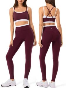 Woman wearing matching sports bra and leggings workout set