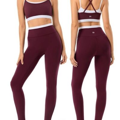 Woman wearing matching sports bra and leggings workout set
