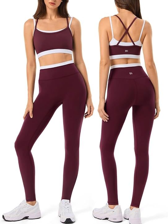 1 Woman wearing matching sports bra and leggings workout set