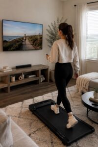 Woman using a walking pad at home while watching TV, an easy way to get more daily steps indoors.
