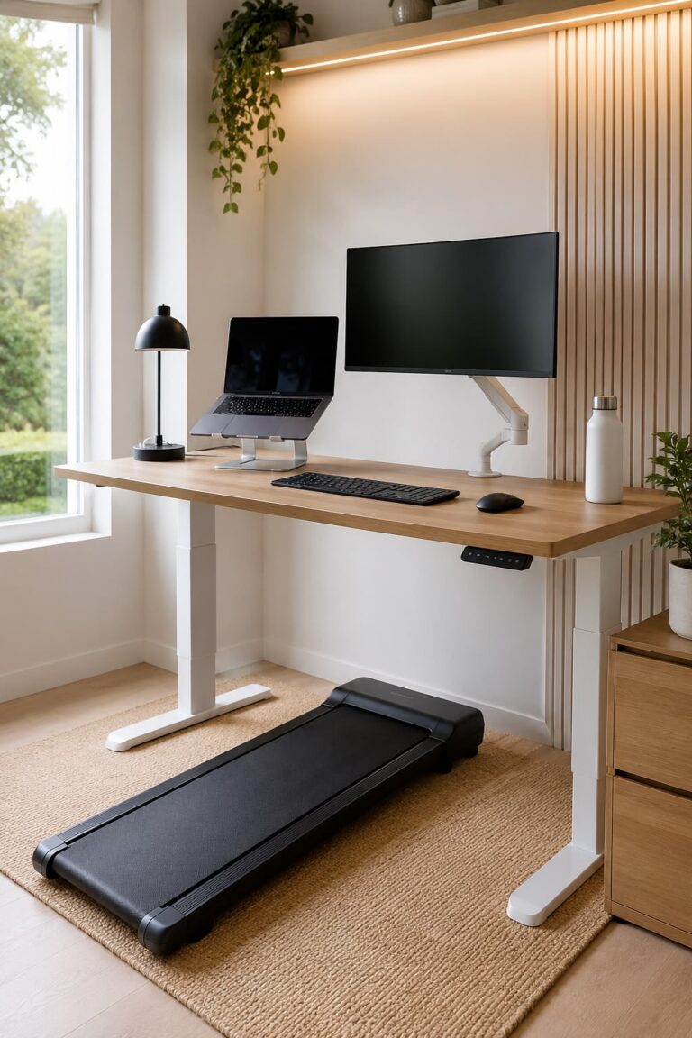 Walking pad under a standing desk in a modern home office, ideal for walking while working.