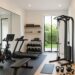 Modern home gym with treadmill, exercise bike, cable machine, dumbbells and other workout equipment.