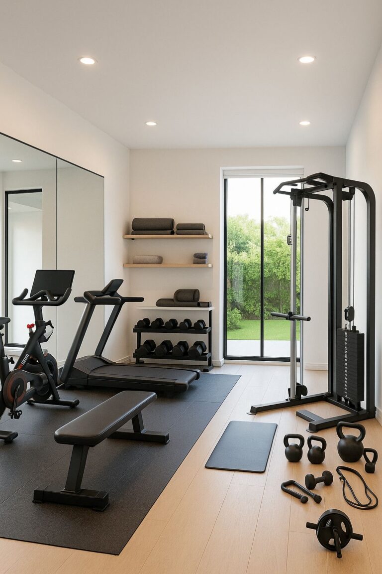 Modern home gym with treadmill, exercise bike, cable machine, dumbbells and other workout equipment.