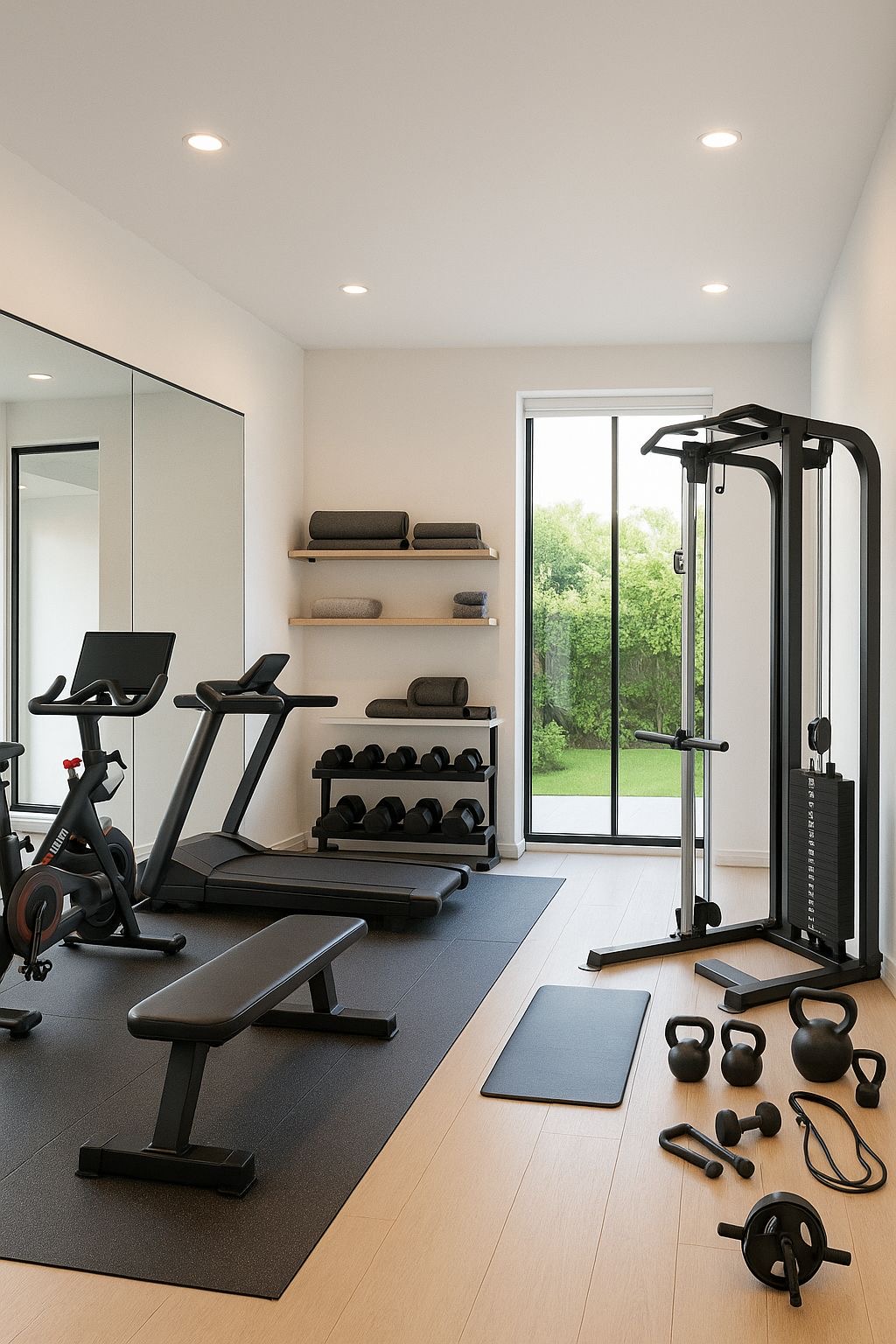 Modern home gym with treadmill, exercise bike, cable machine, dumbbells and other workout equipment.