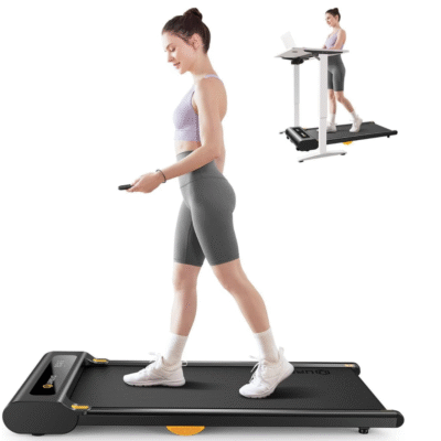 girl walking in treadmill Urevo SpaceWalk Lite Walking Pad with a remote in hand
