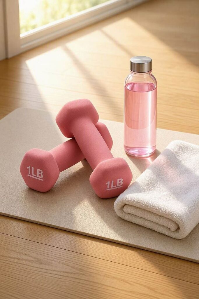 Dumbbells, towel, and bottle resting on an exercise mat as part of a home dumbbell workout.