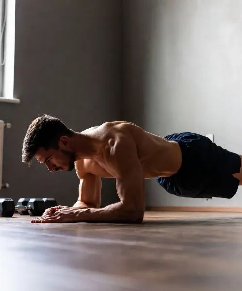 Man planking as part of a workout without weights.