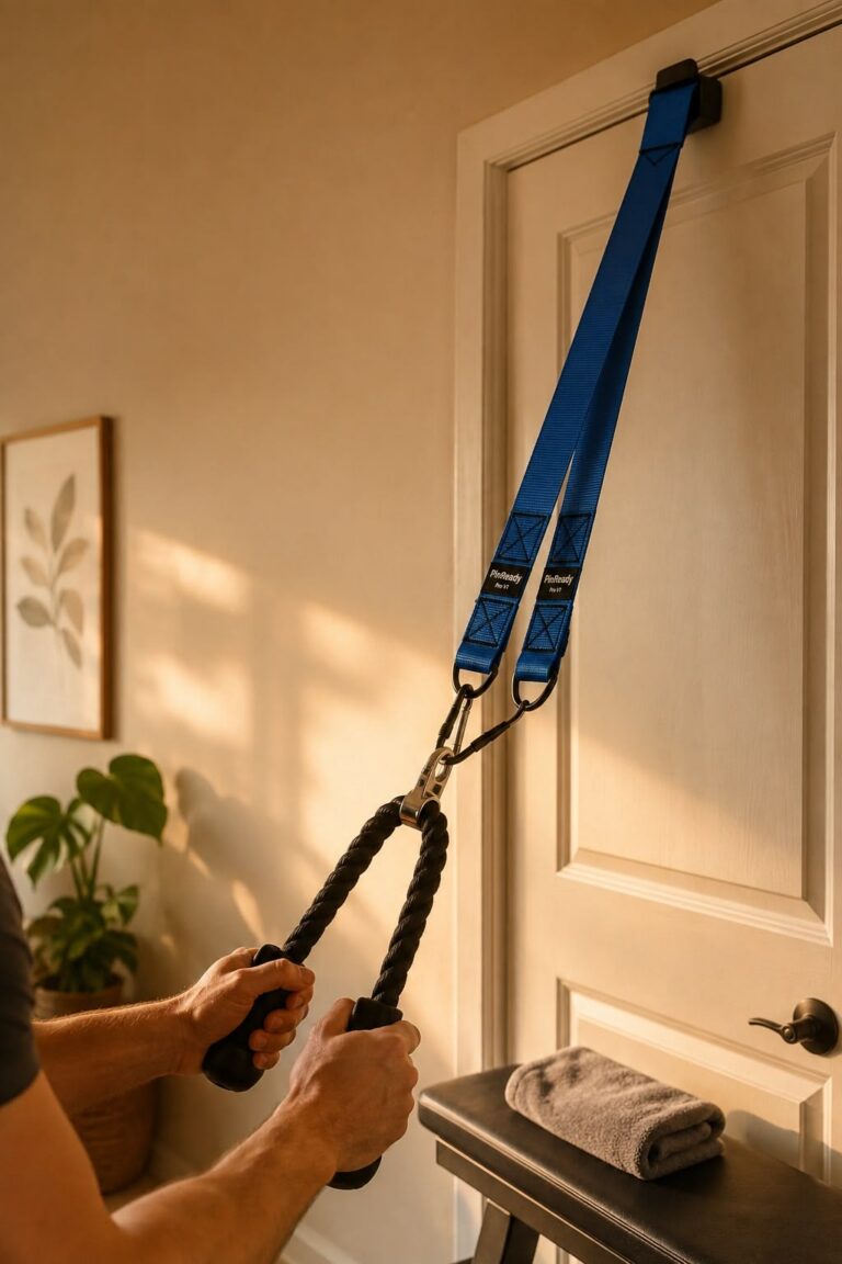 Suspension training system attached to bedroom door and pulled by hands.