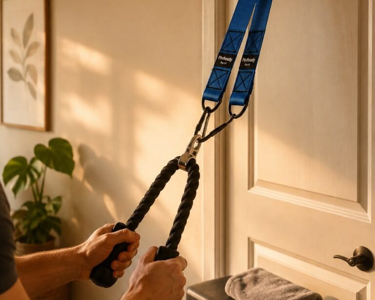 Suspension training system attached to bedroom door and pulled by hands.