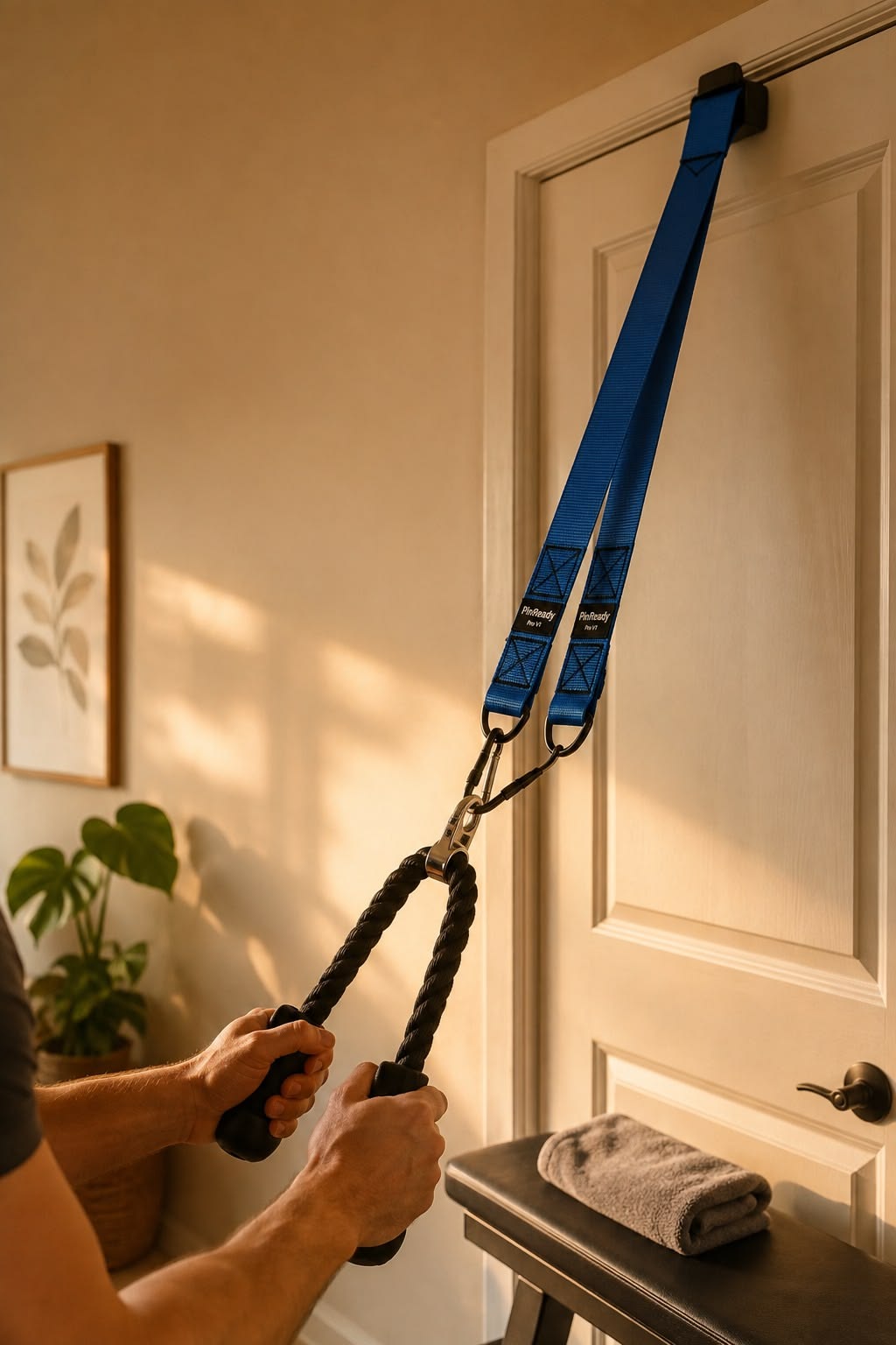 Suspension training system attached to bedroom door and pulled by hands.
