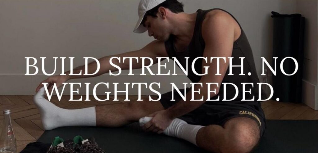 Cover image of week 5 newsletter sohwing a man stretching and a title reading 'build strength, no weights needed.'