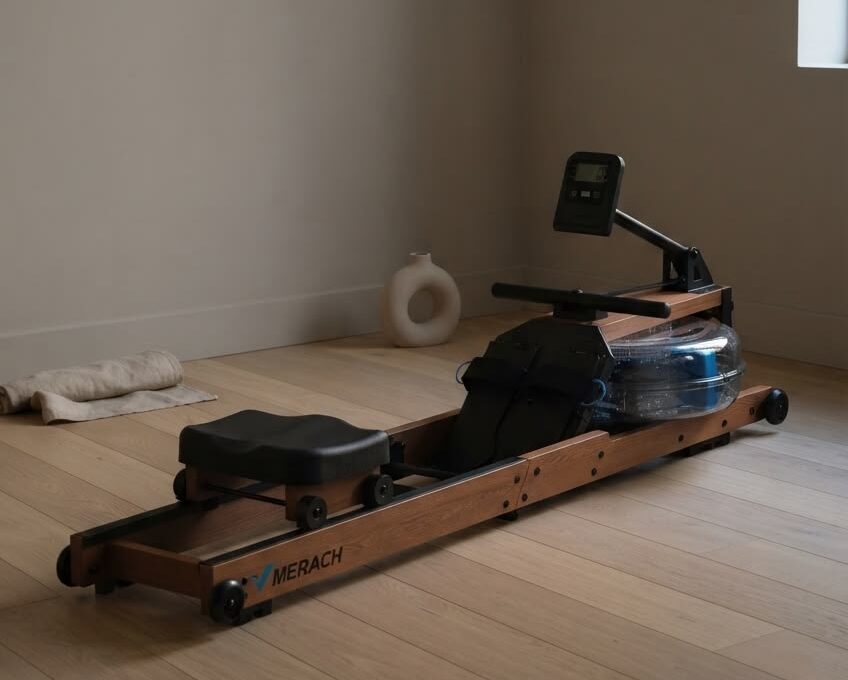 neutral Merach rowing machine in a dim lit room on its own that's featured in our best rowing machine for home guide