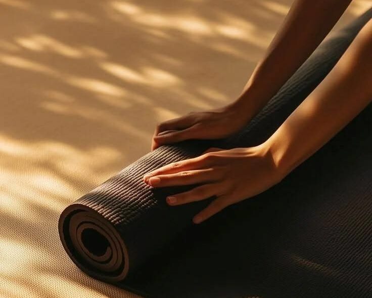 Close up of hands rolling up Yoga mat