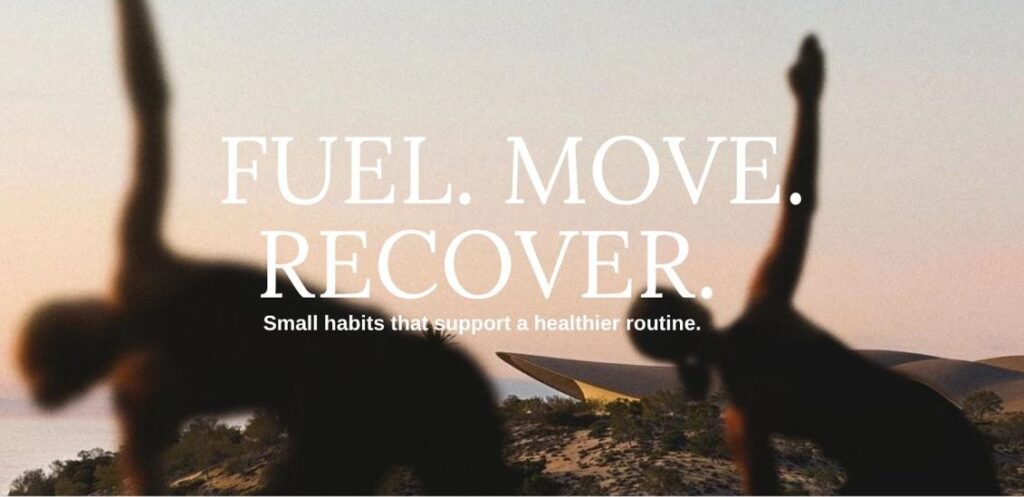 Week 4 newsletter cover image showing image of people stretching with a title saying 'fuel. move. recover.'