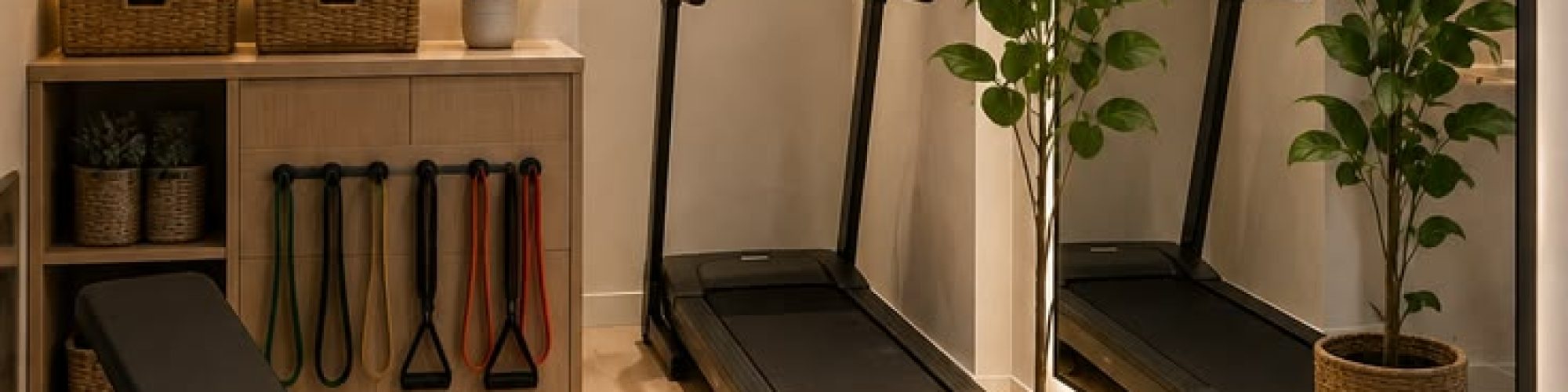 Interior of small basement gym setup, warm lighting, shelving units with gym equipment, and weight bench and treadmill.